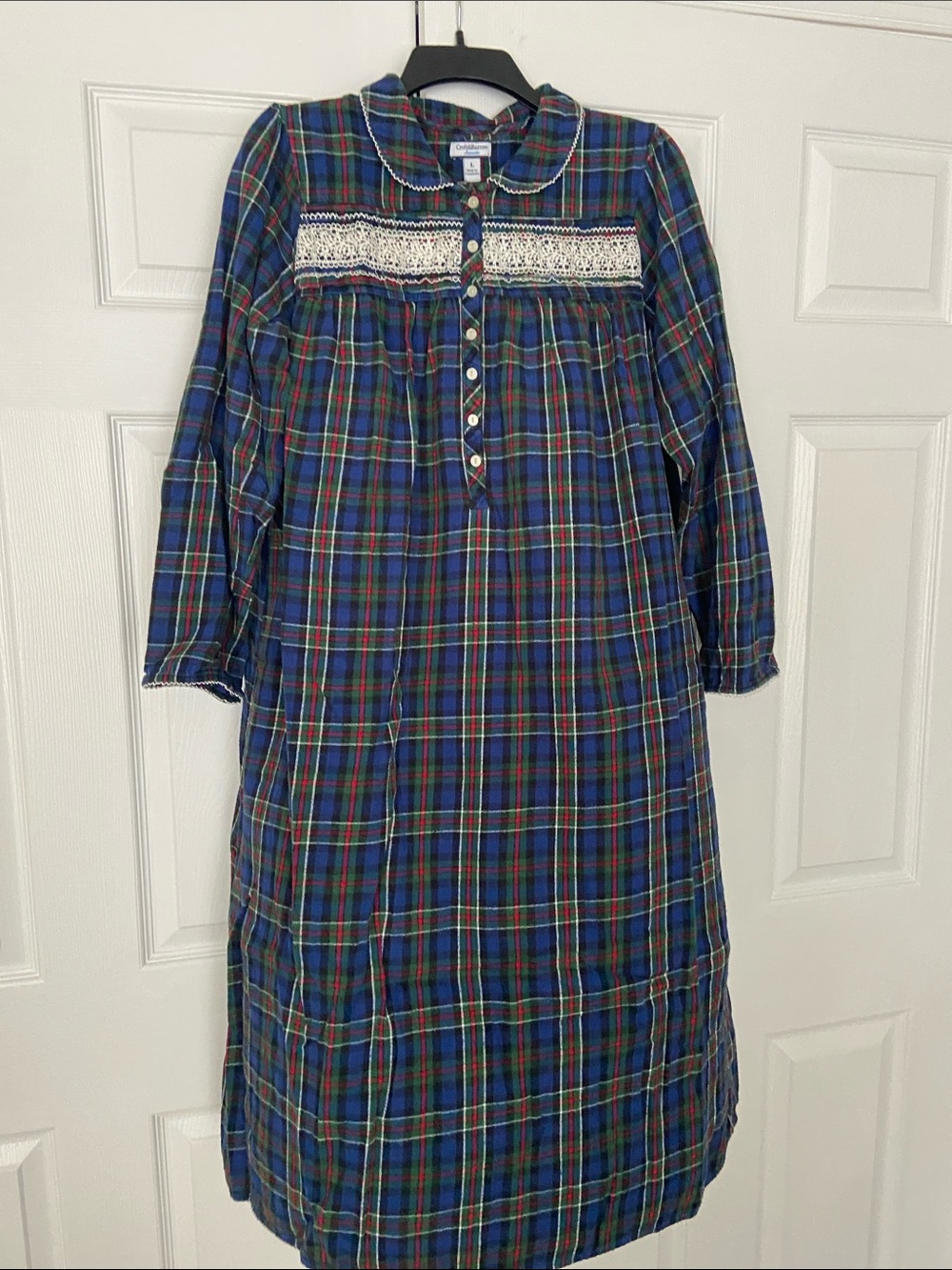 Plaid Flannel Nightgown with Lace Yoke - Blue Plaid